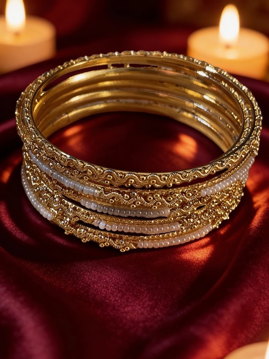 None Jewelry - Bangle bracelet set of 6 gold tone white seed beads 7 inches approximately small